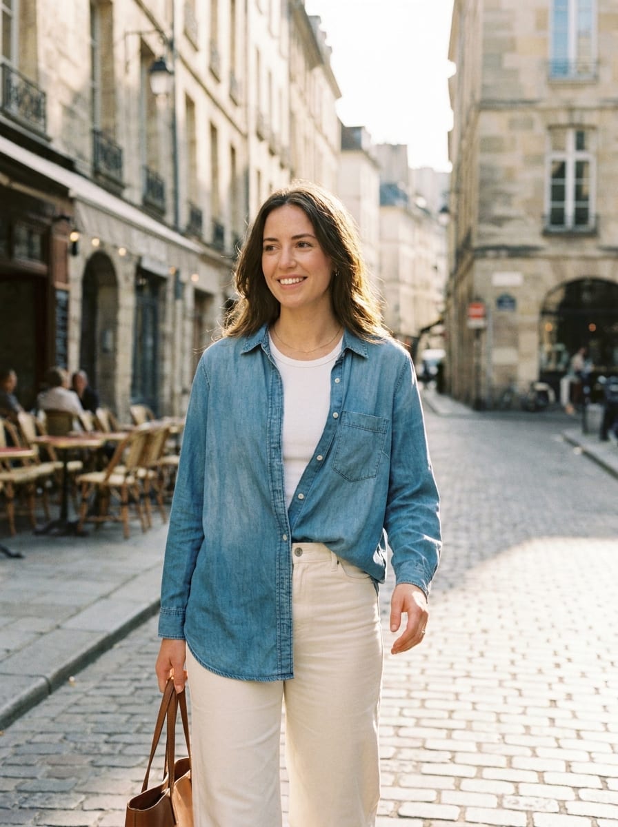 Jeanshemd mit heller Hose - Spätsommer Outfit